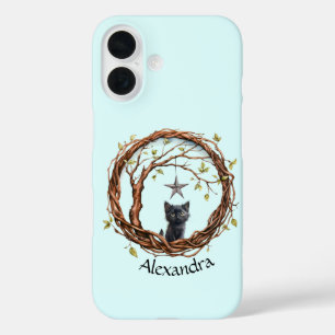 星を眺めるかわいい黒い子猫 iPhone 16ケース