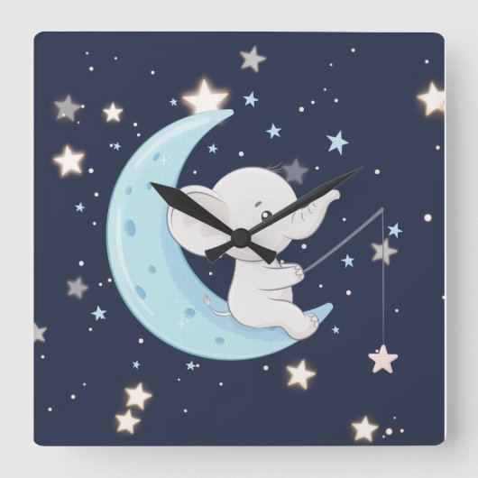 星を釣る赤ちゃん象の壁掛け時計 スクエア壁時計 (正面)