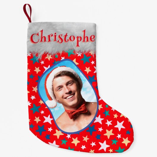 星カラフル写真名フェスティバルおもしろいクール赤 スモールクリスマスストッキング (正面)