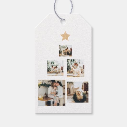 星モダン付き家族クリスマスツリー写真 ギフトタグ (正面)