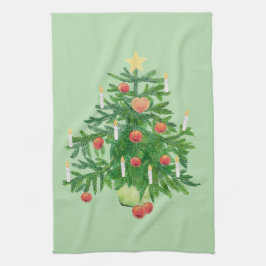 星付きのビンテージクリスマスツリー　淡いグリーン キッチンタオル
