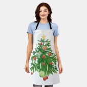 星付きのビンテージクリスマスツリー 白 エプロン (着用した状態)