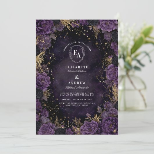 星付きプラムと金ゴールドゴシック結婚ズ 招待状 (スタンド正面)