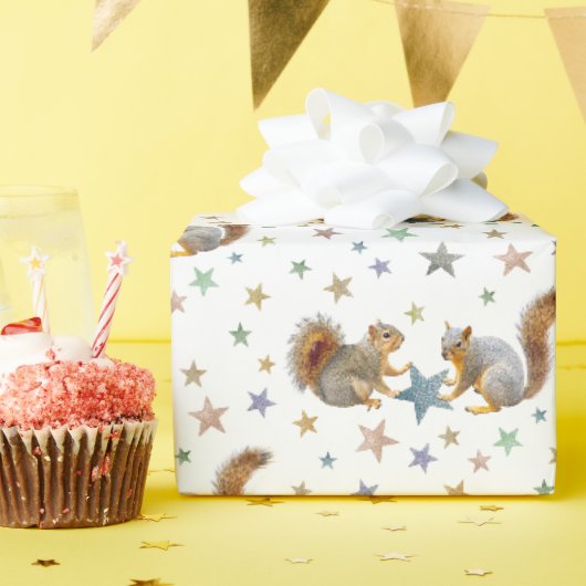 星付きリスのラッピング紙 ラッピングペーパー (誕生日パーティー)