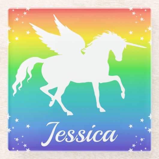 星付きレインボーグラデーションとユニコーンシルエット ガラスコースター (正面)