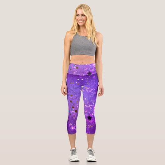 星付き紫色のホイルの背景 カプリレギンス (正面)