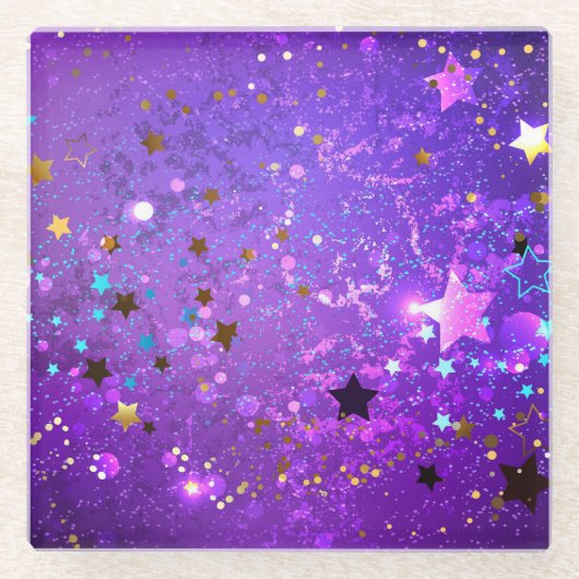 星付き紫色のホイルの背景 ガラスコースター (正面)