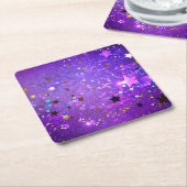 星付き紫色のホイルの背景 スクエアペーパーコースター (アングル)