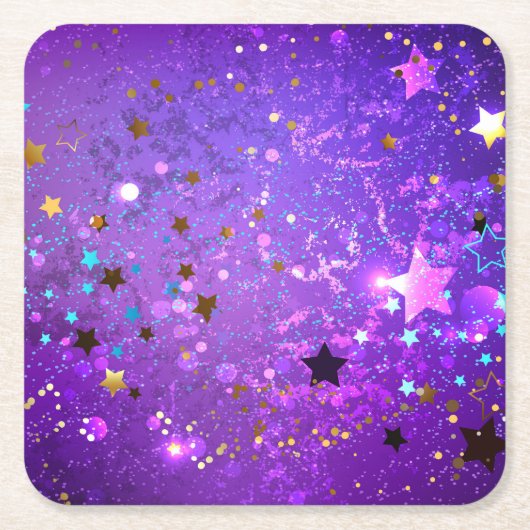 星付き紫色のホイルの背景 スクエアペーパーコースター (正面)