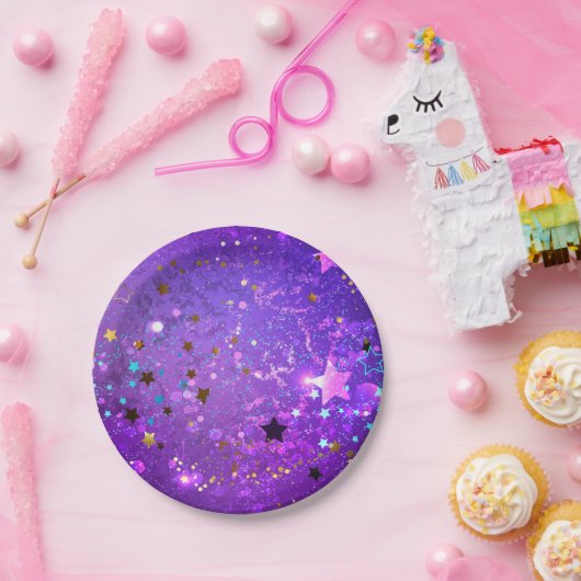 星付き紫色のホイルの背景 ペーパープレート (パーティー)