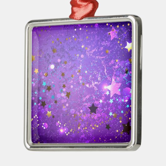 星付き紫色のホイルの背景 メタルオーナメント (左)