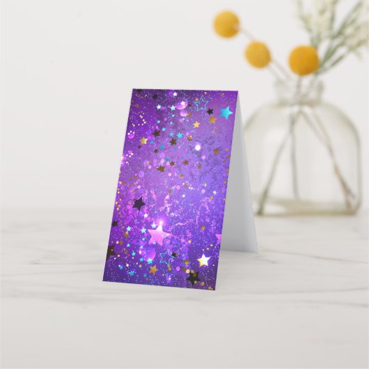 星付き紫色のホイルの背景 予約カード (正面)