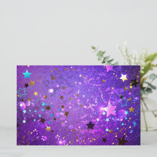 星付き紫色のホイルの背景 便箋 (スタンド正面)