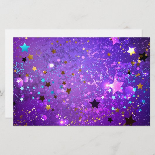 星付き紫色のホイルの背景 便箋 (正面/裏面)