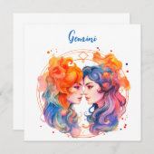 星占い〔占星術の〕十二宮図水色のジェミニのサイン 招待状 (正面/裏面)