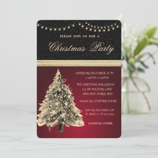 星型クリスマスツリー、ブラック、レッドクリスマスパーティー 招待状 (スタンド正面)