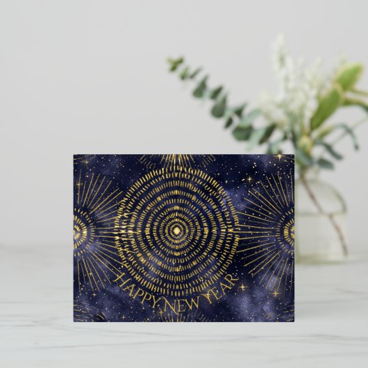 星夜のゴールドスターバーストパターン 箔シーズンポストカード (立ち正面)