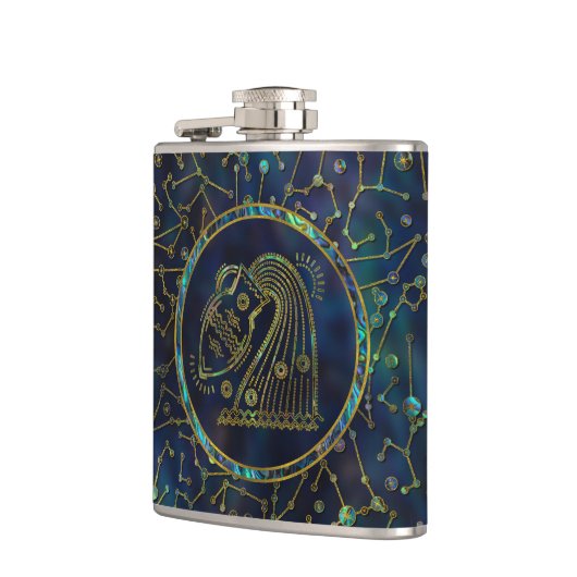 星座のアクエリアスの(占星術の)十二宮図の金ゴールドのアワビ フラスク (左)