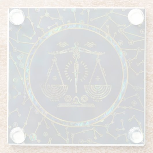 星座の天秤座の(占星術の)十二宮図の金ゴールドのアワビ ガラスコースター (裏面)