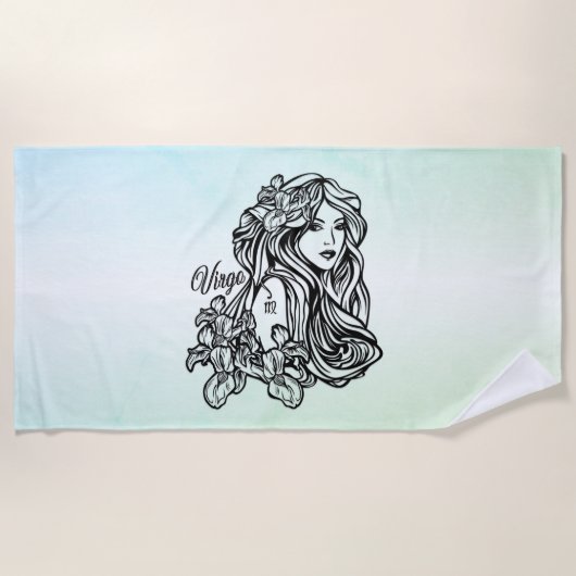 《星座》乙女座ザヴァージン〔占星術の〕十二宮図グリーン ビーチタオル (正面)