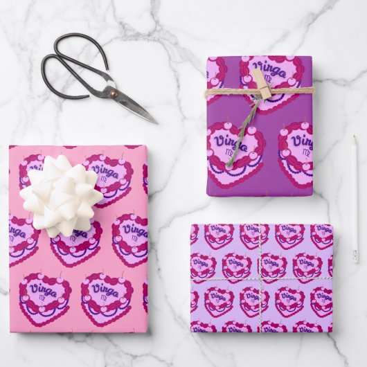 《星座》乙女座〔占星術の〕十二宮図コケットハートお誕生日ケーキ ラッピングペーパーシート (正面)