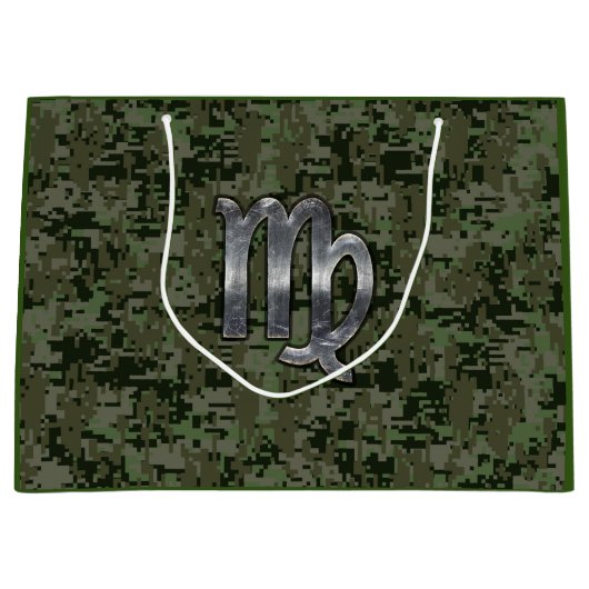 《星座》乙女座〔占星術の〕十二宮図サインオンウッドランドデジタル迷彩柄 ラージペーパーバッグ (正面)