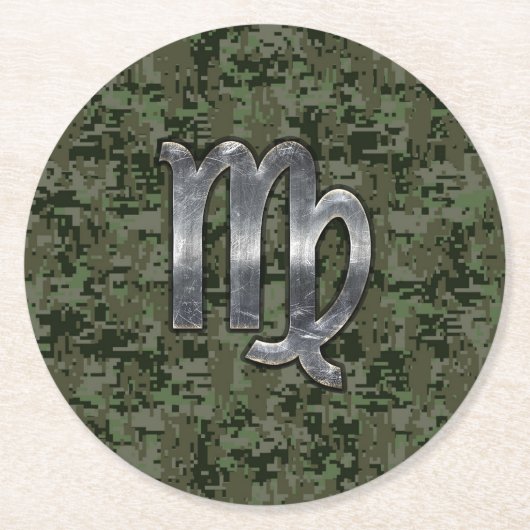《星座》乙女座〔占星術の〕十二宮図サインオングリーンデジタル迷彩柄 ラウンドペーパーコースター (正面)
