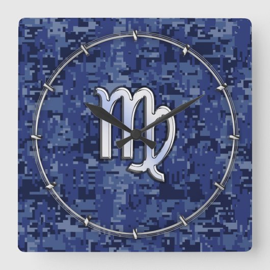 《星座》乙女座〔占星術の〕十二宮図サインオンネイビーブルーデジタル迷彩柄デコール スクエア壁時計 (正面)