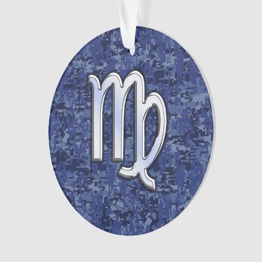 《星座》乙女座〔占星術の〕十二宮図シルバーサインオンネイビーブルーデジタル迷彩柄 オーナメント (正面)