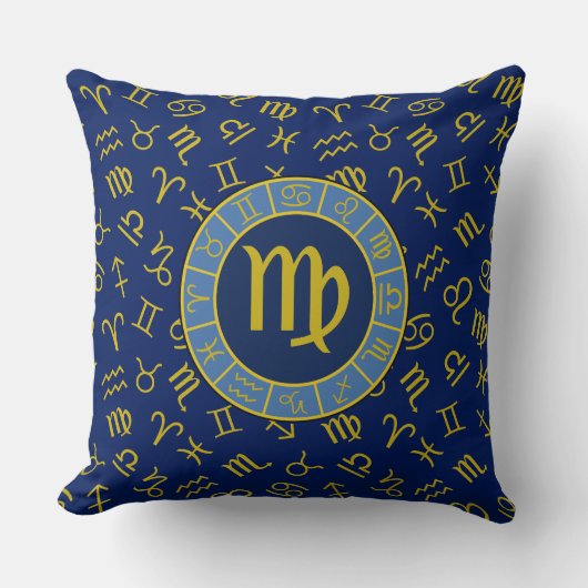 《星座》乙女座〔占星術の〕十二宮図+星占い記号パターン金ゴールド+ブルース クッション (正面)