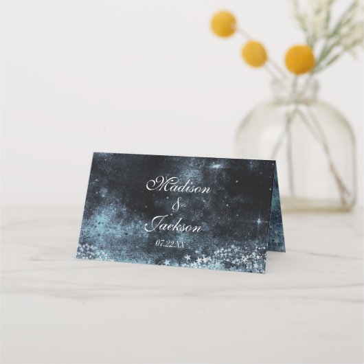 星打ち水色銀河系結婚のテーブル番号 プレイスカード (裏面)