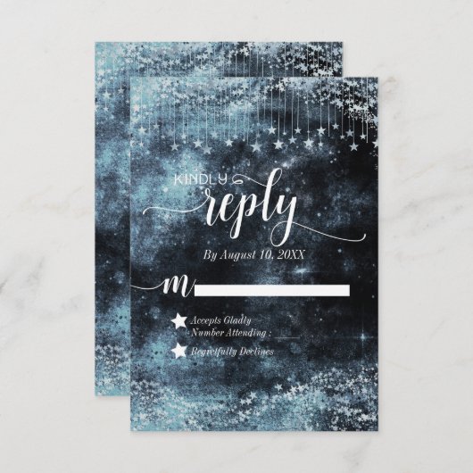 星打ち水色銀河系結婚の返信RSVP 出欠カード (正面/裏面)