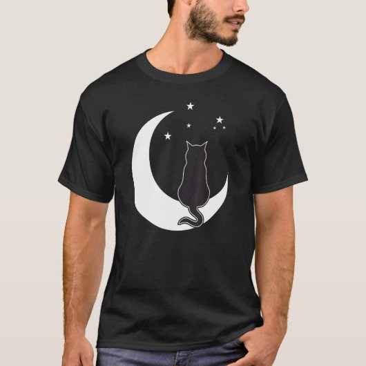 星明かりに浮かぶ三日月上の黒猫 Tシャツ (正面)