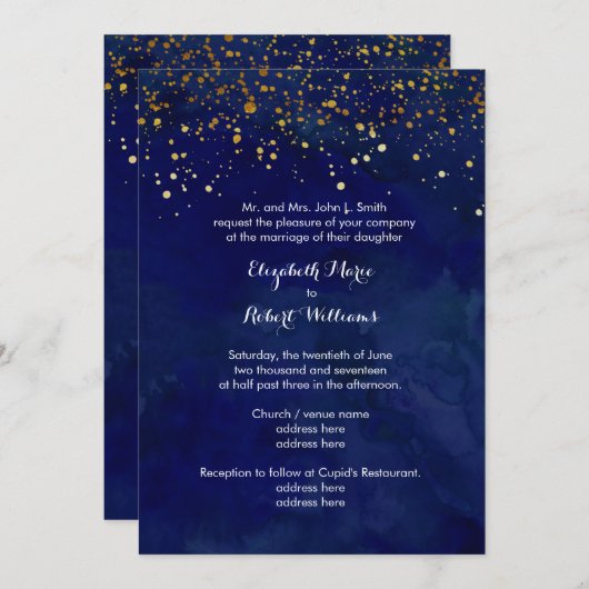 星明かりの夜海軍およびのどの金ゴールドのグリッター 招待状 (正面/裏面)