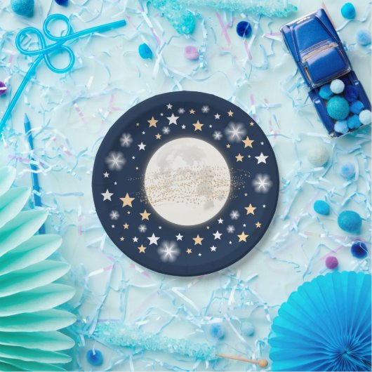 星明かりの夜空の月及び星海軍きらめきの星 ペーパープレート (パーティー)