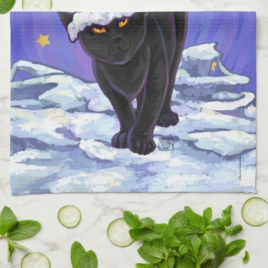 星明かりの夜黒猫のクリスマス キッチンタオル (折り畳み)
