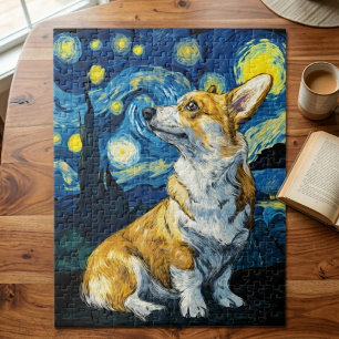 星月夜のコーギー・ドッグ 印象派アート ジグソーパズル