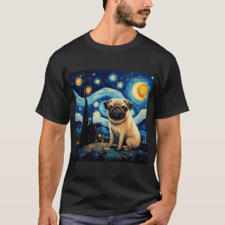 星月夜のパグ ゴッホ風の犬の絵 Tシャツ