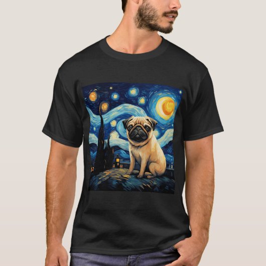 星月夜のパグ ゴッホ風の犬の絵 Tシャツ (正面)
