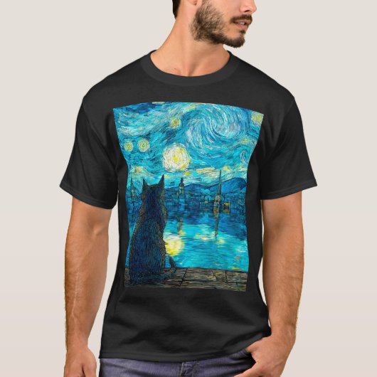星月夜の猫アート – ゴッホ風の夜 Tシャツ (正面)
