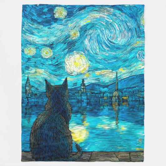 星月夜の猫 - ゴッホ風の猫アート フリースブランケット (正面)