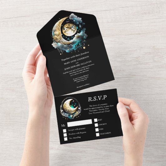 星月星空の黒緑 オールインワン招待状 (貼ってはがせる)