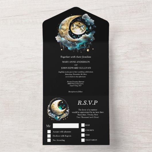 星月星空の黒緑 オールインワン招待状 (内側)