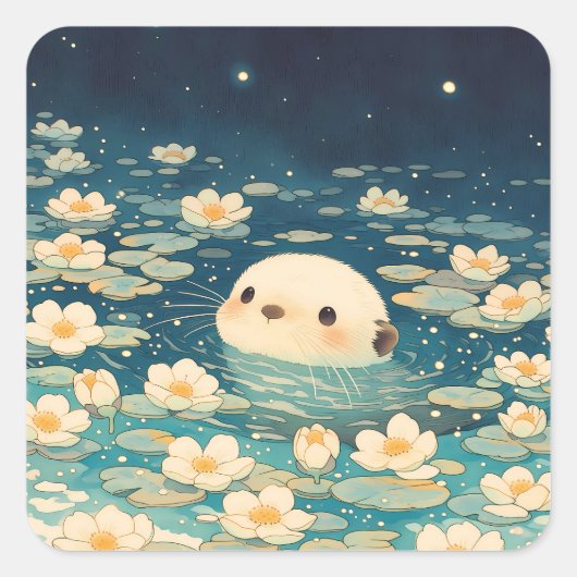 星月蓮池の魔法の夜のカワウソ スクエアシール (正面)