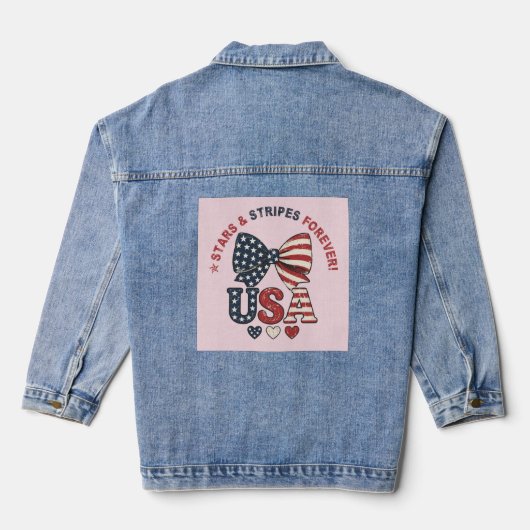 星条旗リボンの愛国心あふれる四十4独立記念日のTシャツ デニムジャケット (裏面)
