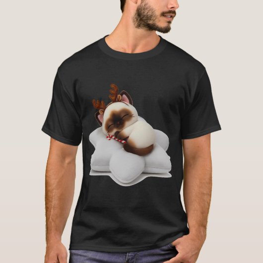 星枕で眠るトナカイ猫とキャンディケイン Tシャツ (正面)