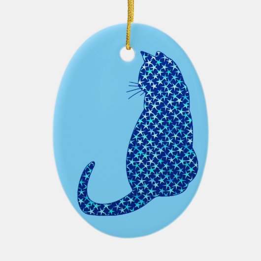 星模様の猫が青い深い セラミックオーナメント (正面)
