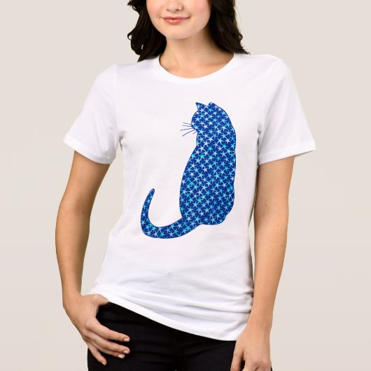 星模様の猫が青い深い トライブレンドTシャツ (正面)