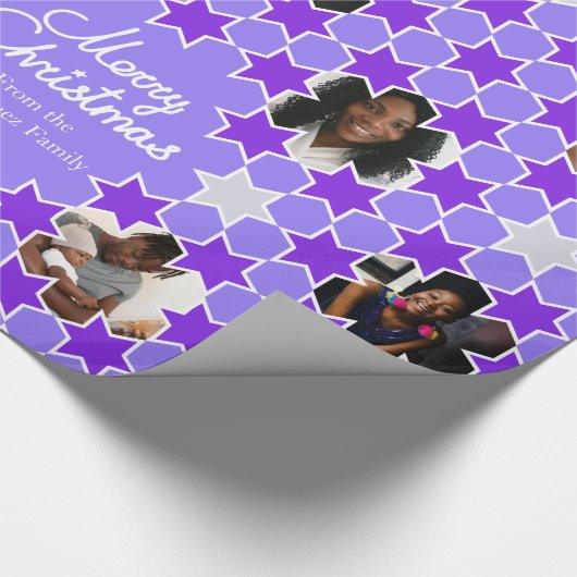 星模様の紫の白いクリスマスの写真のラップ ラッピングペーパー (角)