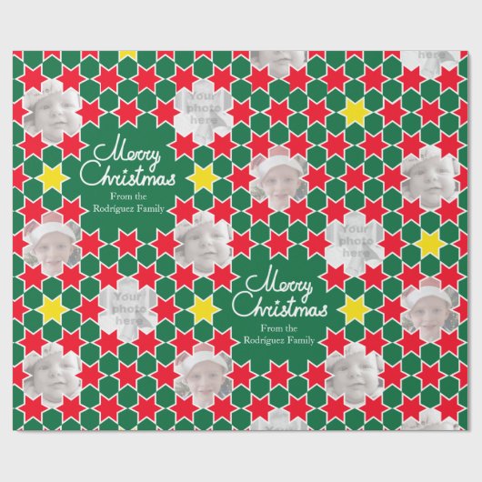 星模様の緑の赤いクリスマスの写真のラップ ラッピングペーパー (フラット)